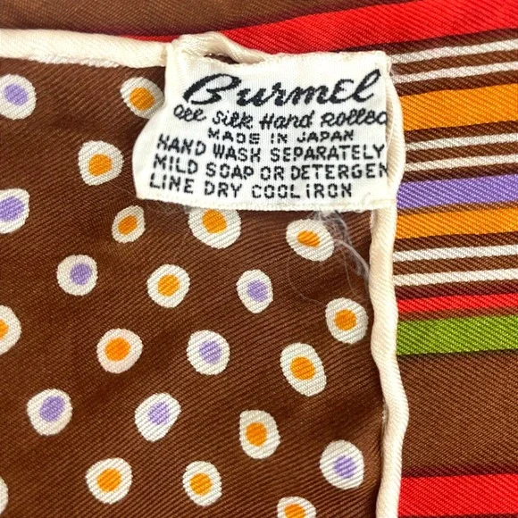 Vintage BURMEL Rectangle 13x46 Neck Scarf Mod‎ Silk Graphic 60s Brown Stripe Dot - Picture 6 of 7